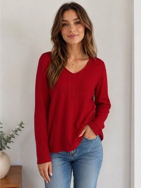 Speculation Red V Neck Ribbed Knit Sweater Top Women’s XL Long Sleeve